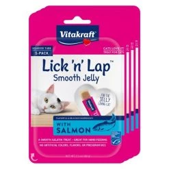 Vitakraft Lick 'n' Lap Jelly Salmon Low Calorie Interactive Wet Cat Treat, 2.1-oz pouch, pack of 4